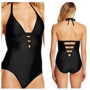 New Mossimo MED plunging V neck strappy sexy swimsuit one piece maillot black